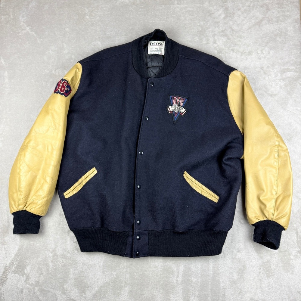 DeLONG Varsity Bomber Jacket RFC Mens 4X Navy Blue Light Yellow Wool Blend USA